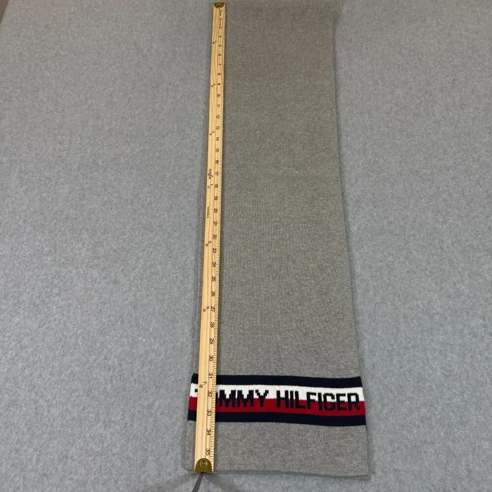 Tommy Hilfiger Gray Knit Scarf Logo Stripe One Size 72
